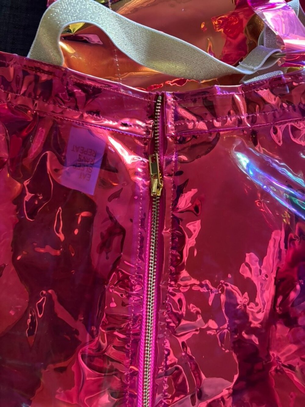 Dolls Kill Club Exx Suke Pink Translucent Holographic Apron Pinafore Dress L - Picture 8 of 14